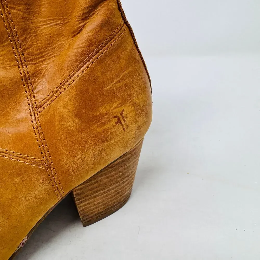 Frye Cara Short Ankle Boots Tan Leather Stacked Heel Western Style Size‎ 7M